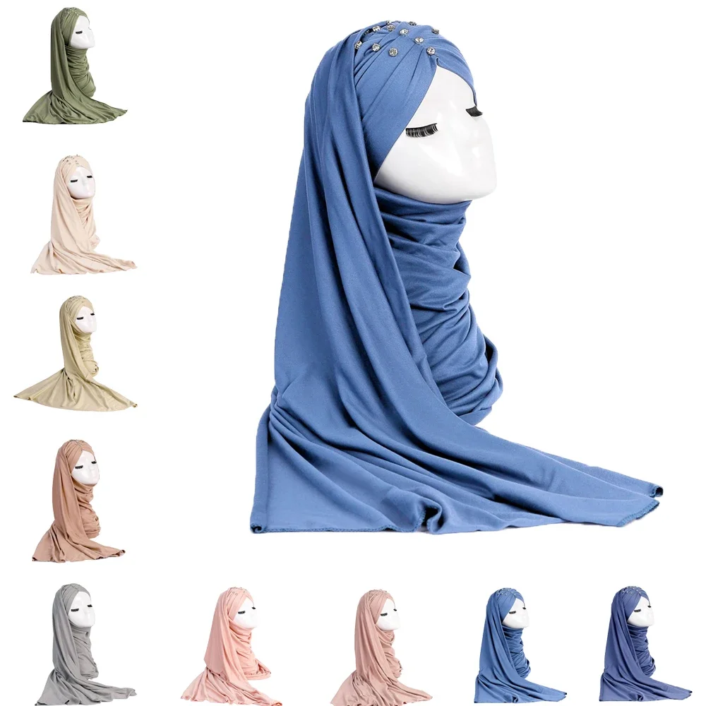 Muslim Instant Hijab with Diamonds Comfortable High Quality Solid Color Women Malay Headscarf Strap Cover Long Shawl Head Wraps