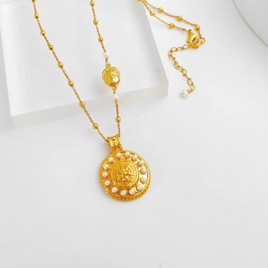 

Латунное винтажное круглое ожерелье с подвеской, ожерелье из культивированного жемчуга, регулируемая цепочка на ключицу