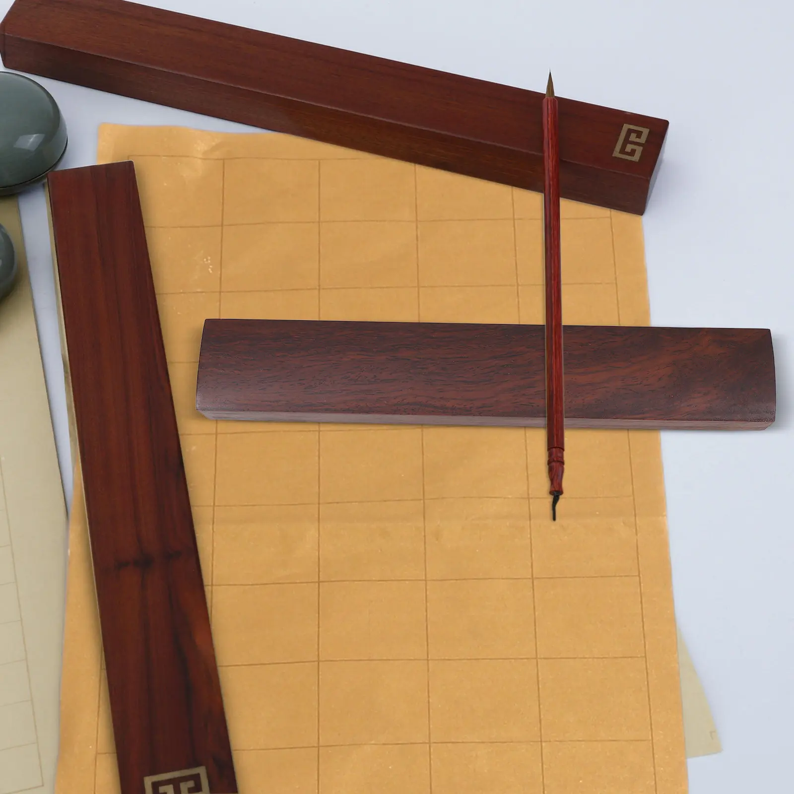 2Pcs Natural Grain Solid Wood Paperweight Rectangular Minimalist Design Rounded Edges for Calligraphy Ink Painting Scroll