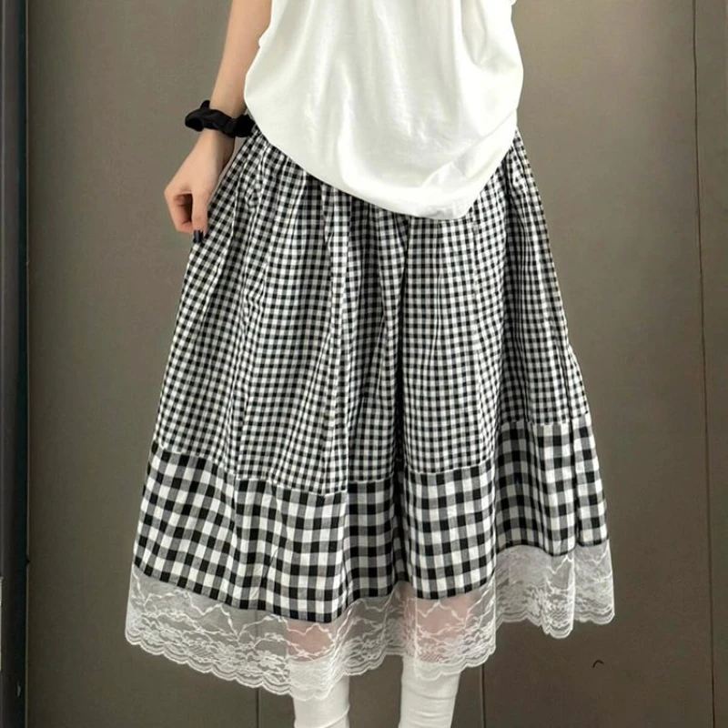 

Lace Plaid Skirt Women's Summer New High Waist Medium Length A-line Skirt