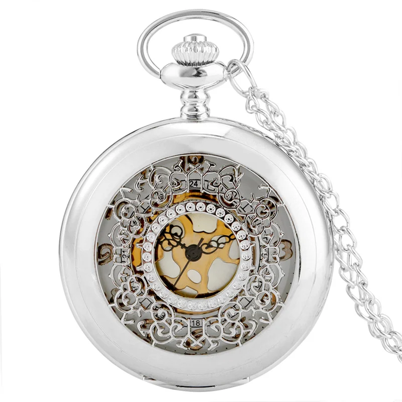 Silver/Black Hollow Flower Rhinestone Case Arabic Number Quartz Analog Pocket Watch for Women Girls Elegant Gift Clock reloj
