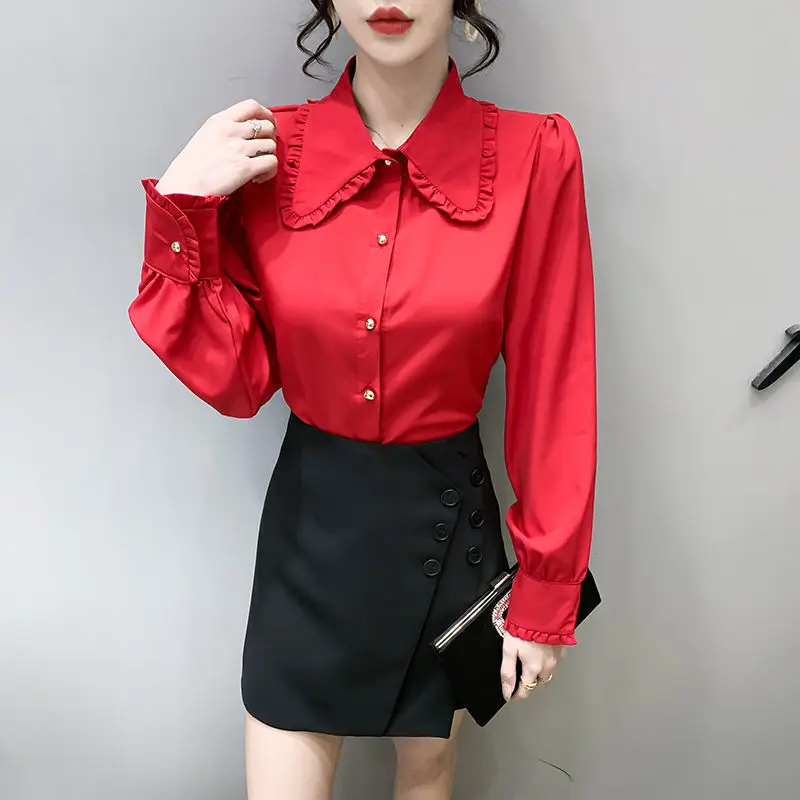 Sweet Peter Pan Collar Ruffles Butterfly Sleeve Shirt Female Clothing 2023 Autumn New Oversized Casual Tops Office Lady Blouse