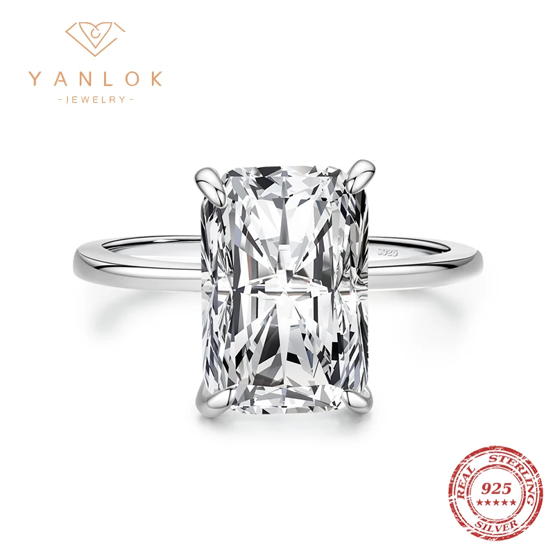 YANLOK Genuine 925 Sterling Silver White Clear Zirconia Rectangle Stone Ring for Women Wedding Engagement Statement Jewelry