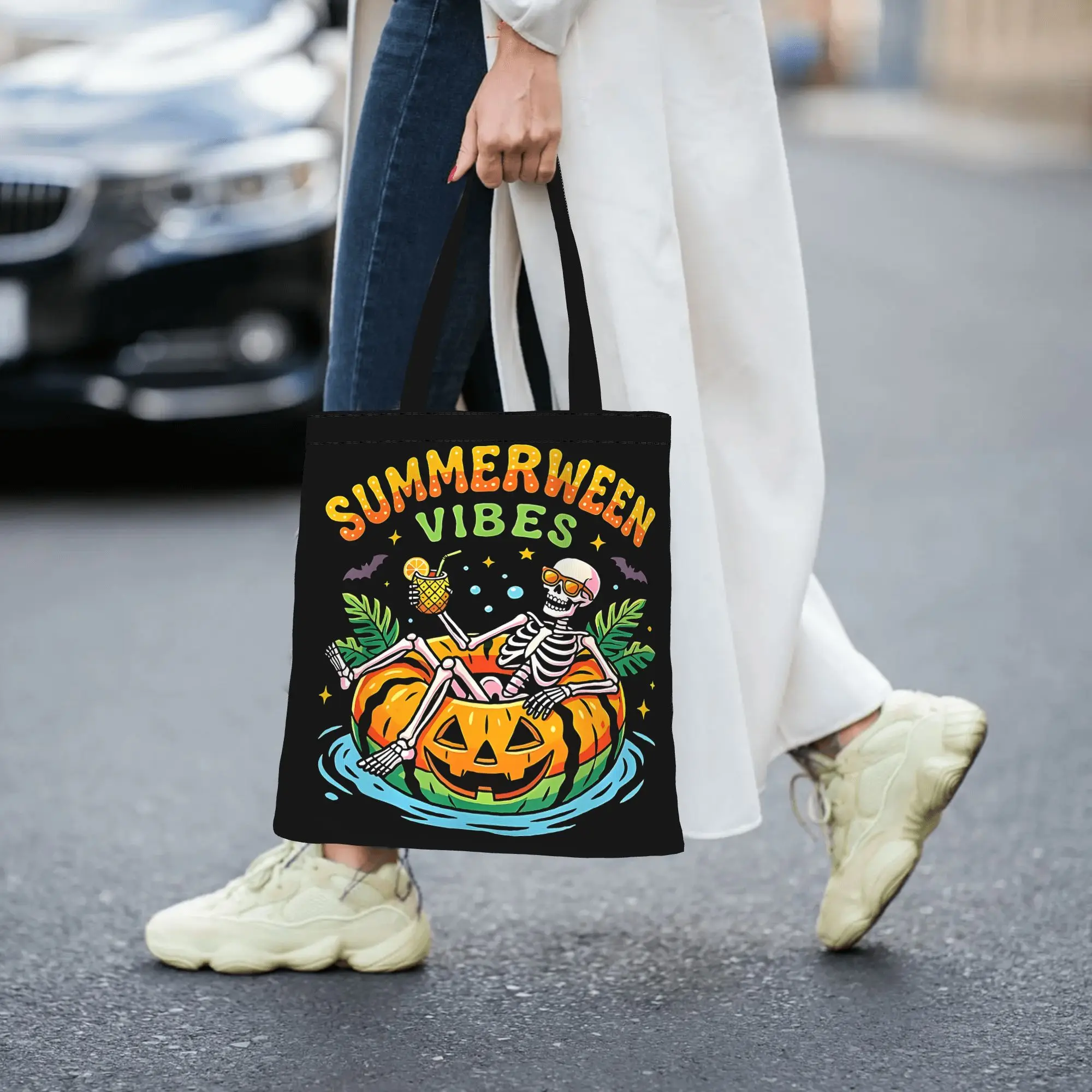 Reusable Trendy Summerween Vibes Skeleton Pool Float Tropical Halloween Shopping Bag Women Tote Bag Portable  Shopper Bags