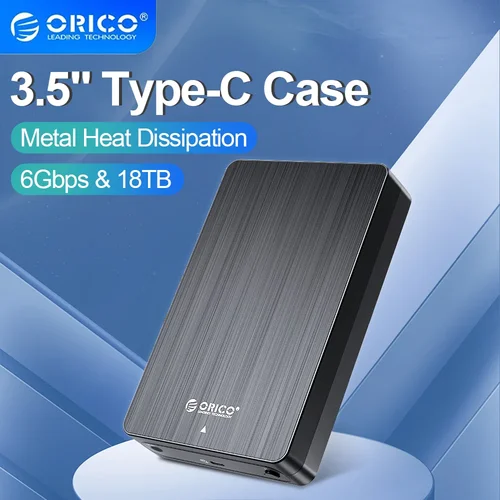 ORICO-carcasa de disco duro externo SATA a USB C, carcasa de HDD de 3,5 pulgadas, con adaptador de corriente de 12V, compatible con 18TB, 6gbps