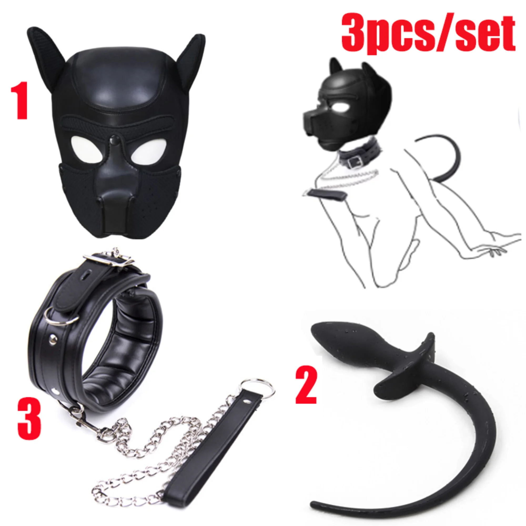 Bdsm Pet Roleplay Set Dog Hood Mask Party Play Mask Leather Male Chest Harness Strap Dog Tail Plug Neck Collar Sex Toy Erotic