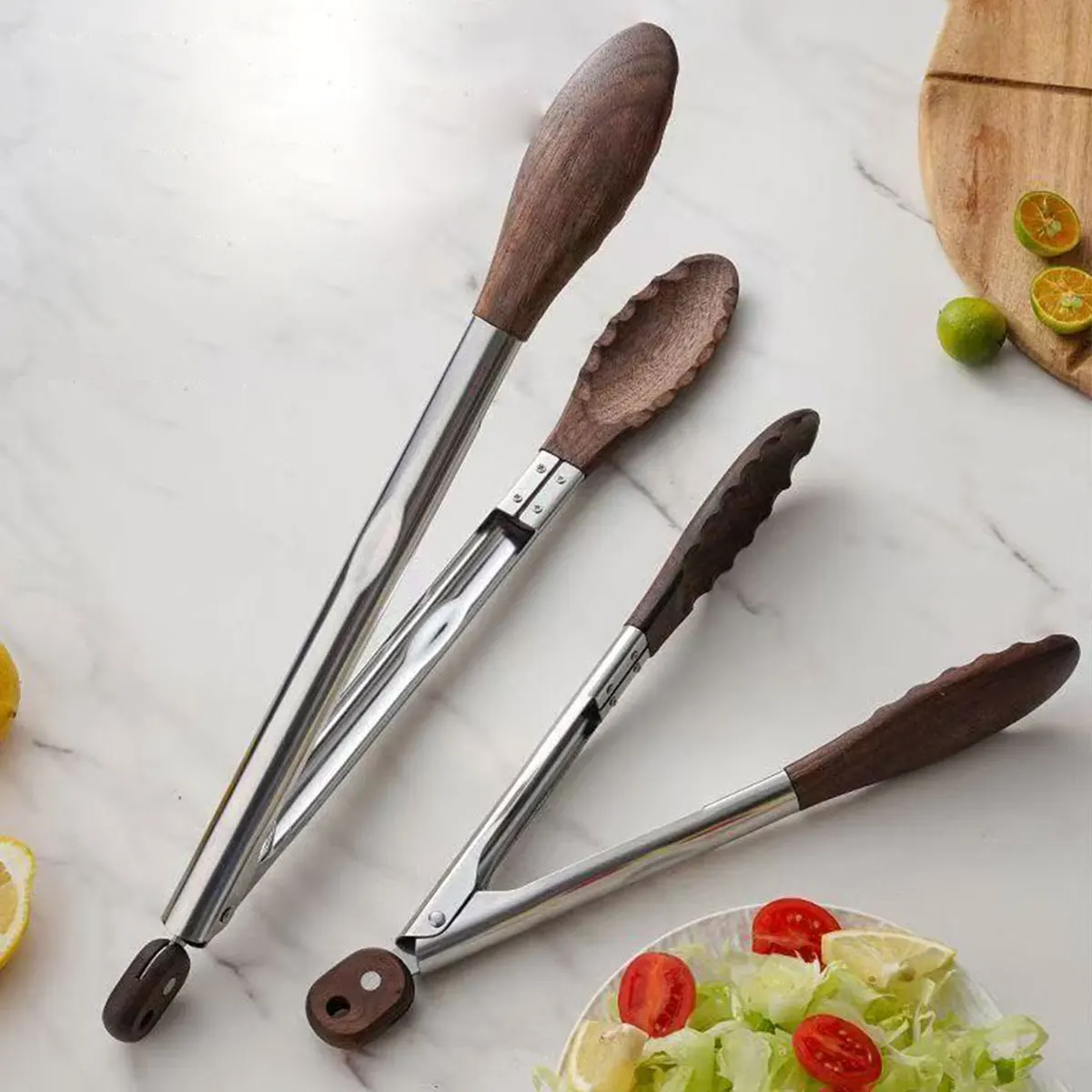 New outdoor barbecue kitchen stainless steel food-grade high-temperature resistant anti-scald walnut wood tongs set for steak, bread, and roasting meat, available in various sizes, 2pcs