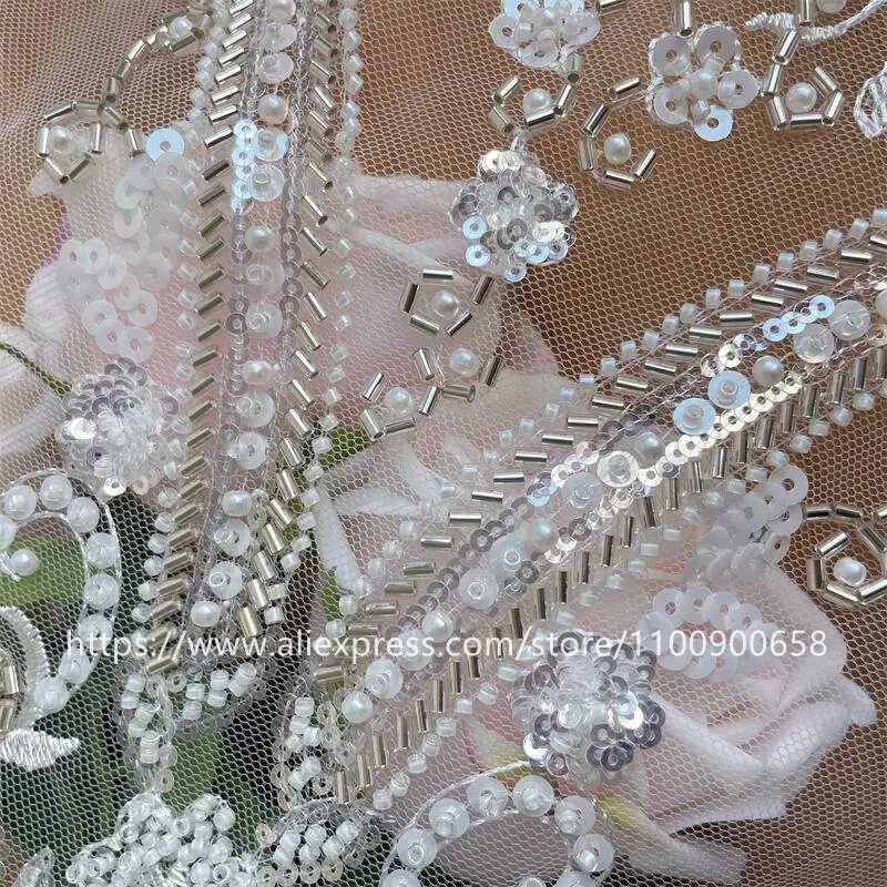 Embroidered Lace Fabric for Wedding Dress, 3D Flowers Beaded Sequins, Pearl Tube, Senior Shining Bride Fabric, RS4076