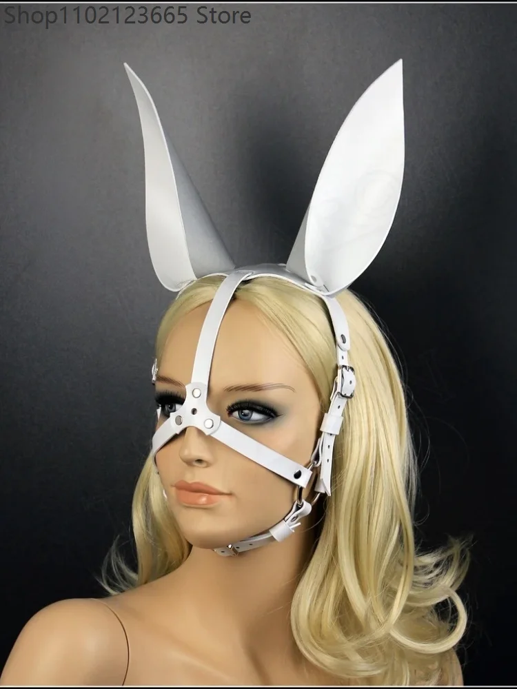 Faux Leather Long Bunny Ear Rabbit Mask Adjustable Harness Face Mask Adult Halloween Cosplay Masquerade Party Costume Accessory 5
