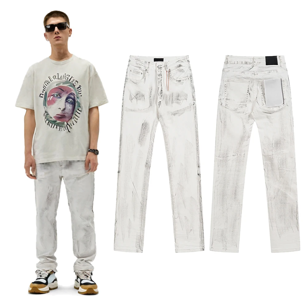 

Мужские джинсы Slim Fit в стиле Streetwear с эффектом потертости и принтом, в стиле хип-хоп, ретро, винтажные, из хлопка, белые, узкие