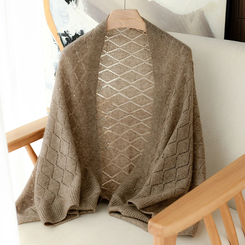 

Four Seasons 100% Cashmere Shawl With Diamond-Shaped Hollow Pattern For Air-Conditioned Rooms Shoulder Warmer Scarf