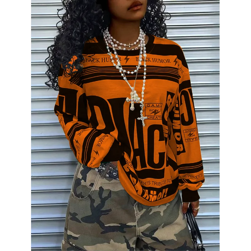 Damen Retro Sport Trend Stil Damen Langarm Sweatshirt Buchstaben Positionierung Druck Lose Pullover