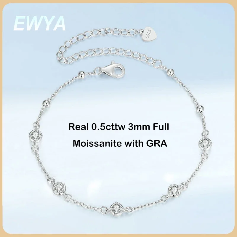 EWYA Bubble Full 3mm 0.1CT D Color Moissanite Bracelet For Women S925 Silver Pass Diamond Test Bezel Link Hand Bracelets Gift