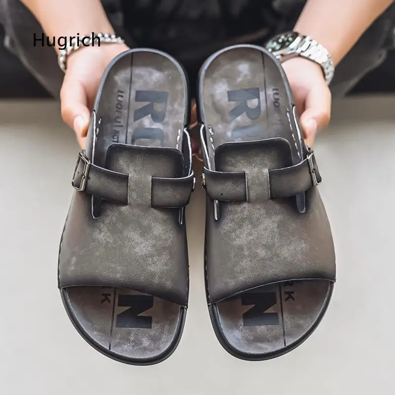 Open Toe Buckle Slides Retro Washed Faux Leather Upper Adjustable Strap Chunky Soft Flat Sole Versatile Summer Daily Footwear