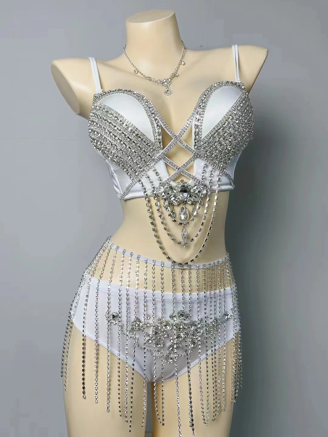 Funkelnde Strass Kette Kette Bikini nachlaufen Pole Dance Outfit sexy elektrische Musik Festival Kleidung Nachtclub Performance Kostüm