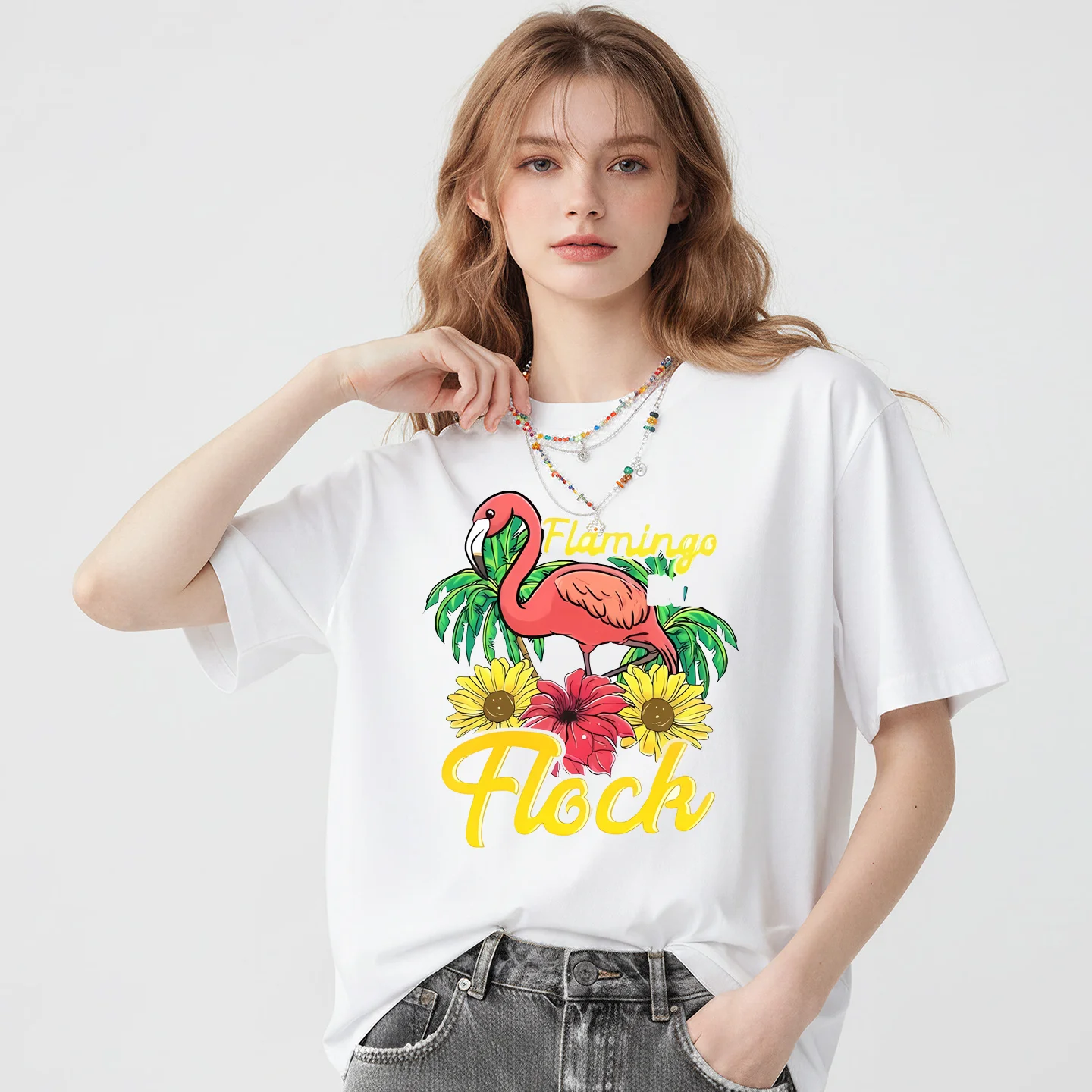 Camiseta de manga corta con estampado de flamencos para mujer, ropa informal sencilla y bonita con dibujos animados, Tops estéticos Harajuku, tela de poliéster de verano