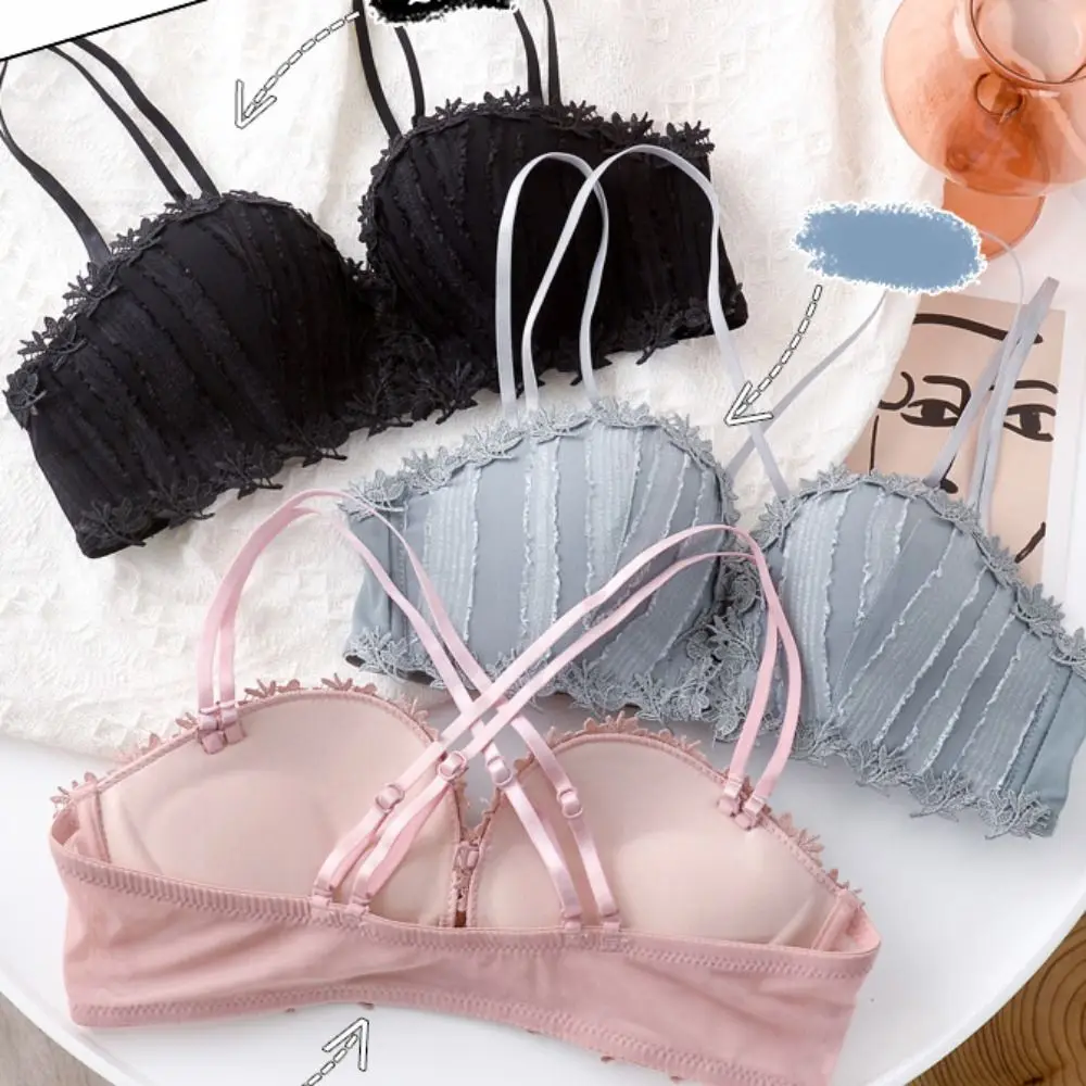 1/2 Cup Front Button Bra Elegance Textured Lace Push-up Bra Female Lingerie Intimates Patchwork Stripe Strapless Bra Women