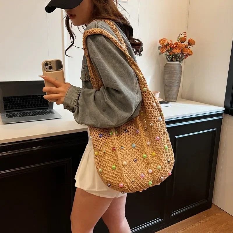 Beading Hollow Women\'s Shoulder Bags 2024 Youth Beach Woven Handbags Leisure Vacation Style Fabric Casual Bolsas Para Mujeres