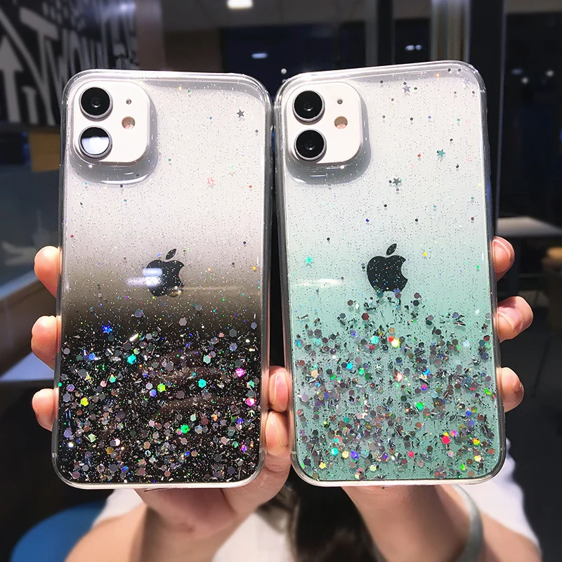 Capa de telefone com brilho transparente para iPhone, capa de lantejoulas gradiente bonito, iPhone 16, 14, 15, 13, 12 Pro, 11 Pro Max, XS Max, XR,