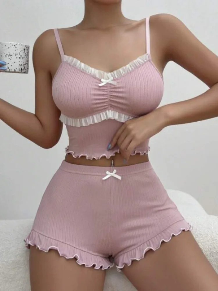 Sexy Camisole Vest Shorts Comfortable Home Suit Set Women's 2-piece Pajama Sets Spaghetti Strap Tight Corset Shorts Night Wears