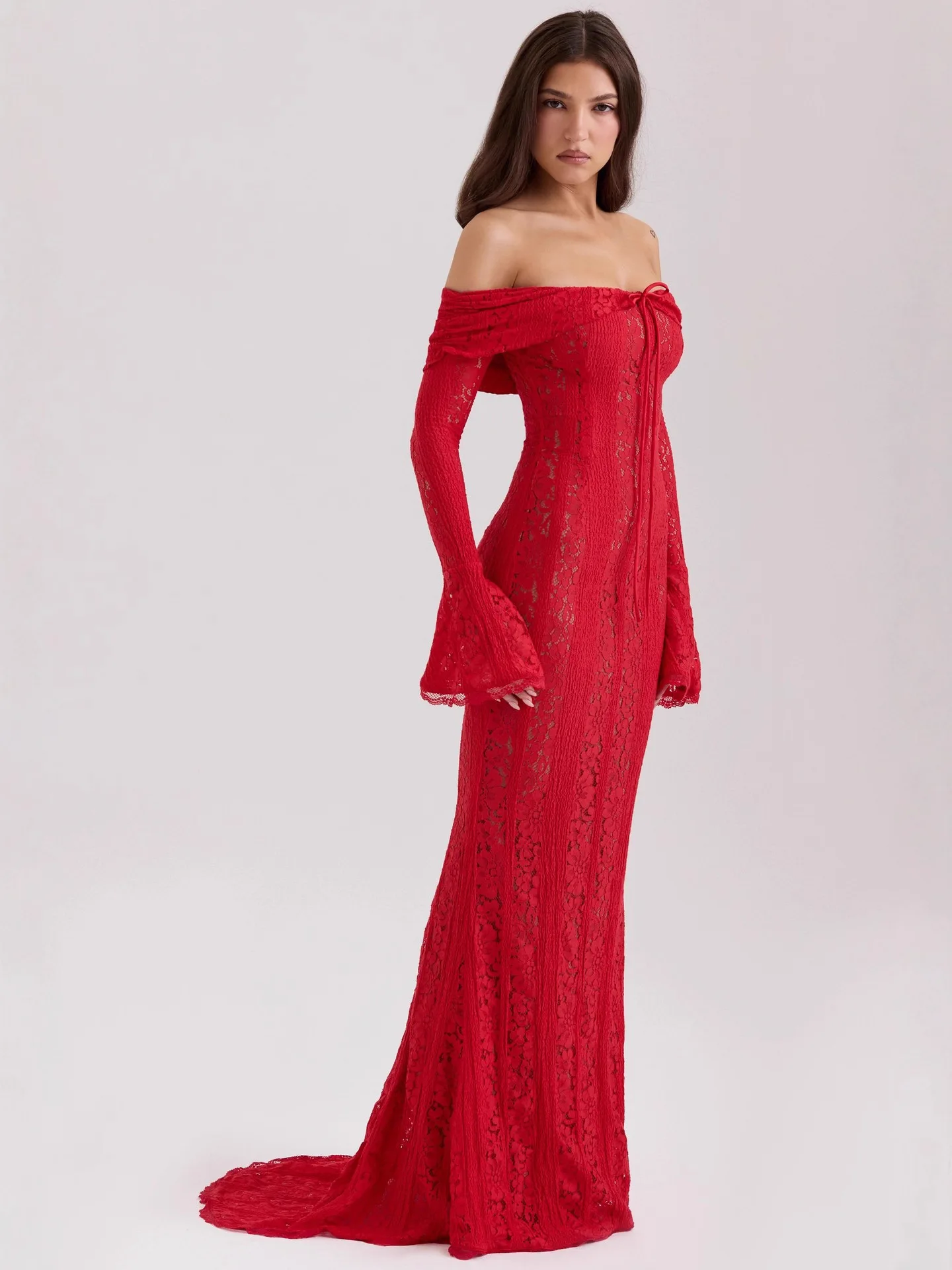 

Красное кружево на одно плечо Dr Faion Fibone, длинное платье с завязкой на талии, длина миди на молнии, Bell Sve, свадебное платье