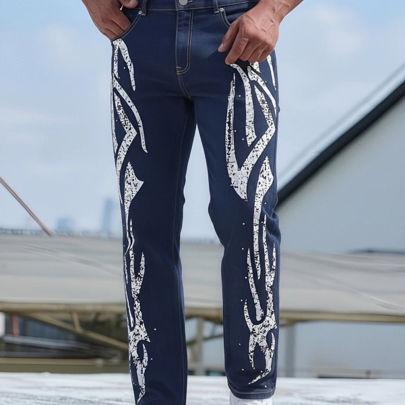 European and American slim-fit new fashion printed elastic jeans medium-elastic casual pants are suitable for outdoor street