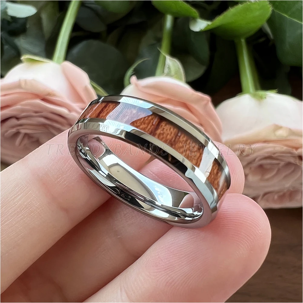 6mm Tungsten Carbide Wood Ring for Men Women Jewelry Band Bevel Polished Shiny Comfort Fit