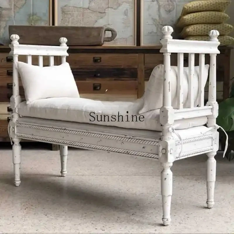 

French solid wood shoe changing stool light luxury carved bedside stool