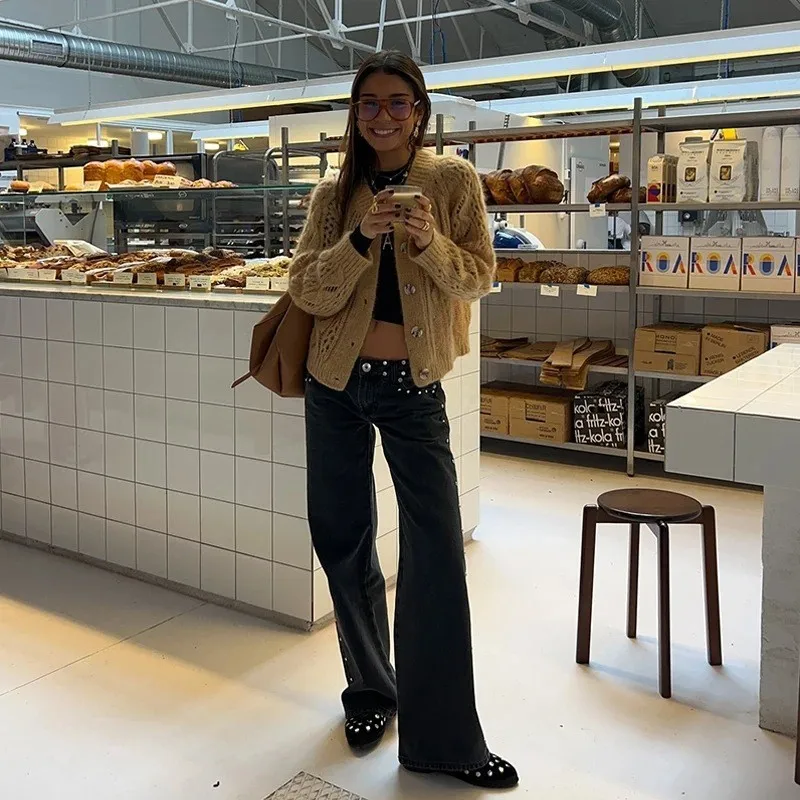 레오파드 스타 청바지 Y2K 여성 새로운 패션 하이 웨스트 지퍼 스트레이트 청바지 여성 캐주얼 streetwear 하라주쿠 힙합 블랙 바지