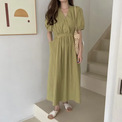 Chic Summer Vintage V-Ne Bubble Sve Long Skirt Dr Women's Slimming Pure Color Chiffon Dr Ci Commute Sle