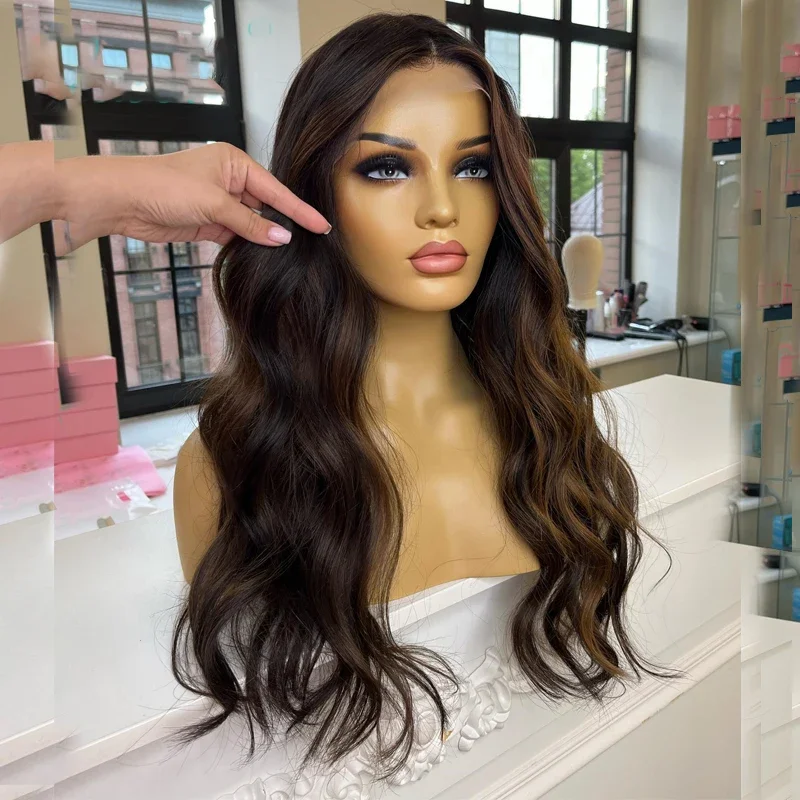 Soft Glueless Highligt Brown 26Inch 5x5 Silk Base Wavy Jewish Human BabyHair HD Lace European Hair Preplucked Daily Wear Wig