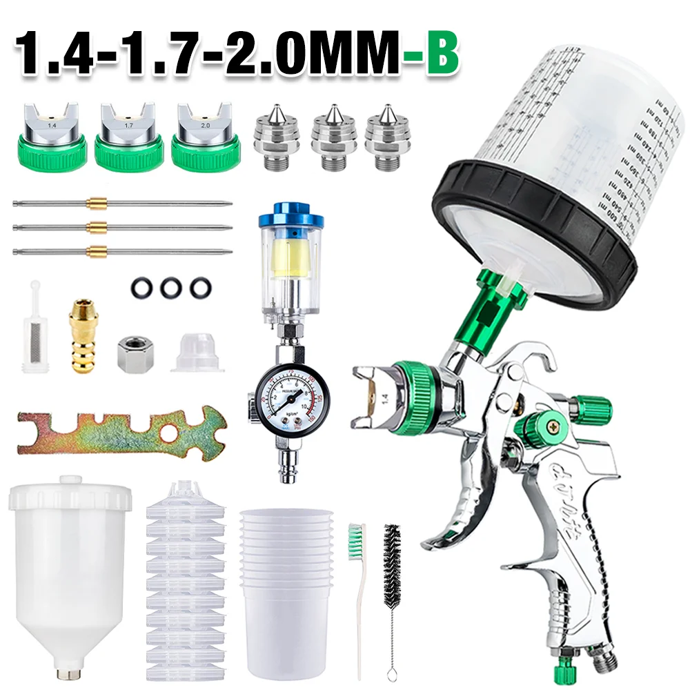 1,4 mm 1,7 mm 2,0 mm professioneel HVLP-spuitpistool huishoudelijk automatisch verfspuitpistool, 600 ml niet-schone wegwerpmaatbekers 10 stuks, hoogwaardig luchtgereedschap (potdeksel met verffilter)