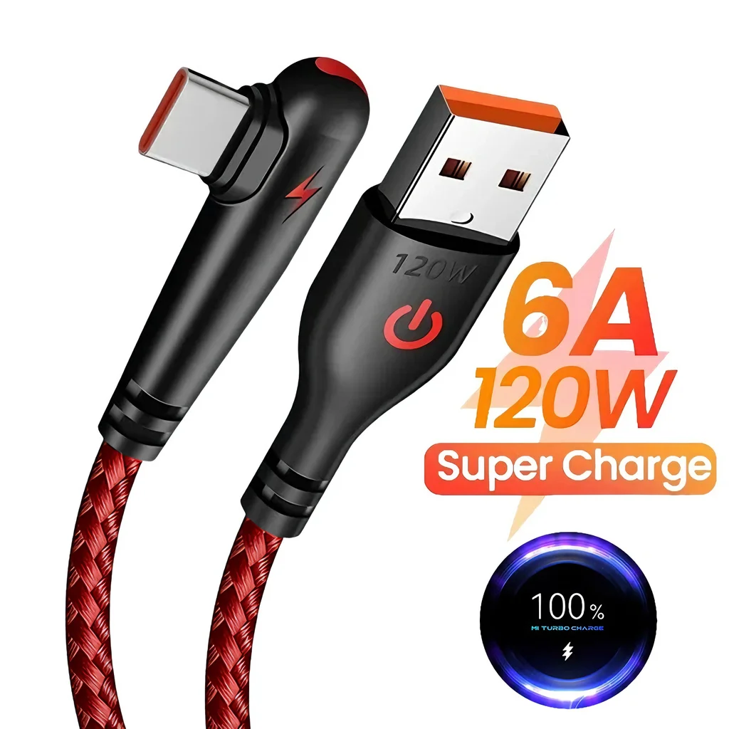 90 Degree Elbow Type C USB Fast Charging Cable For Xiaomi Redmi POCO Huawei Honor OPPO Realme OnePlus Type-C Nylon Braided Cable