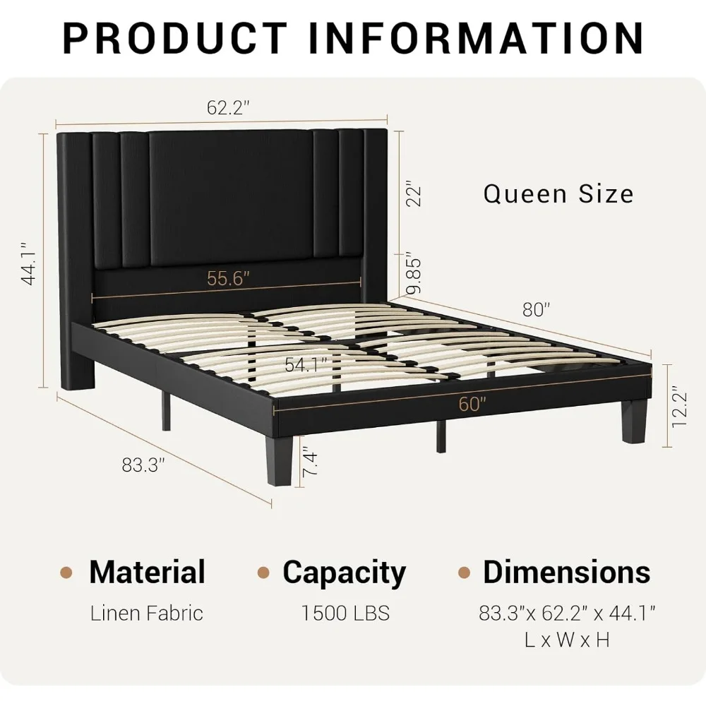 Linho estofado Queen Bed Frame com cabeceira, ripas de madeira resistentes, Noise Free, nenhuma caixa, Primavera necessário