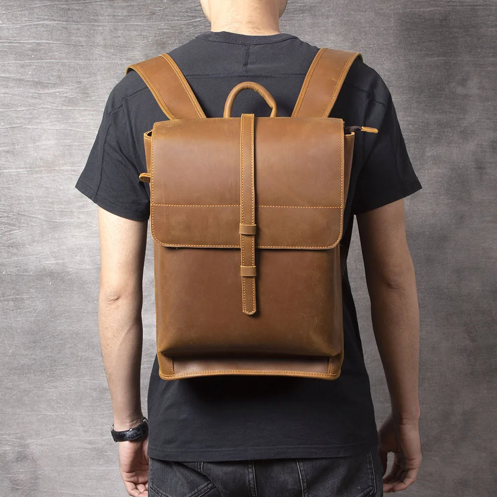 S.WORKER Vintage Echtleder 14" Laptop-Rucksack Herren Casual Preppy Schultasche Crazy Horse Rindsleder Tasche – Detail 6