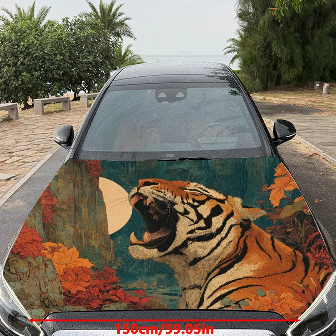 Car Decals Tiger with Vibrant Orange Fur, a Roaring Expression, and a Background with Autumn - Themed Foliage Car Hood Sticker,