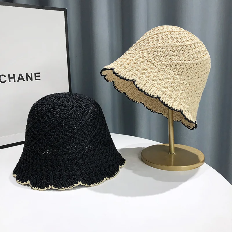 Summer Hollow Breathable Woven Straw Bucket Hat with Sunscreen Style Niche Lightweight Beach Cap Safety protective clothing