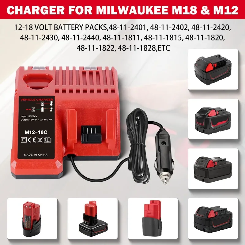Portable Vehicle Charger Lithium Battery Fast Charger with Cigarette Lighter Plug Suitable for Milwaukee 12V Lithium Batteries