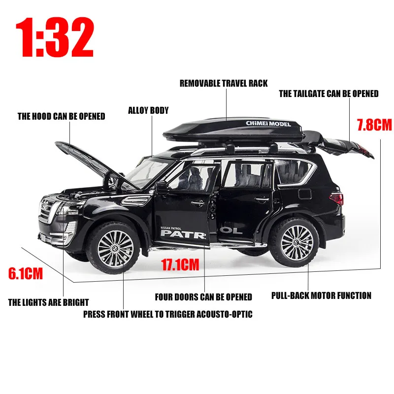 1:32 Nisssan PATROL Y62 Car Model Diecast Alloy Car Travel Rack Sound Light Pull Back Collection Toy Car For Children Christmas