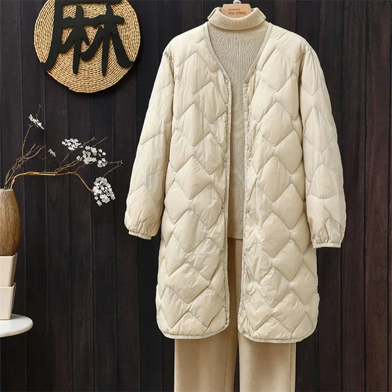 Winter Women Rhombic Lattice Oversize Long Down Jacket V Neck Light Thin White Duck Down Coat Lady Warm Puffer Parkas Outwears