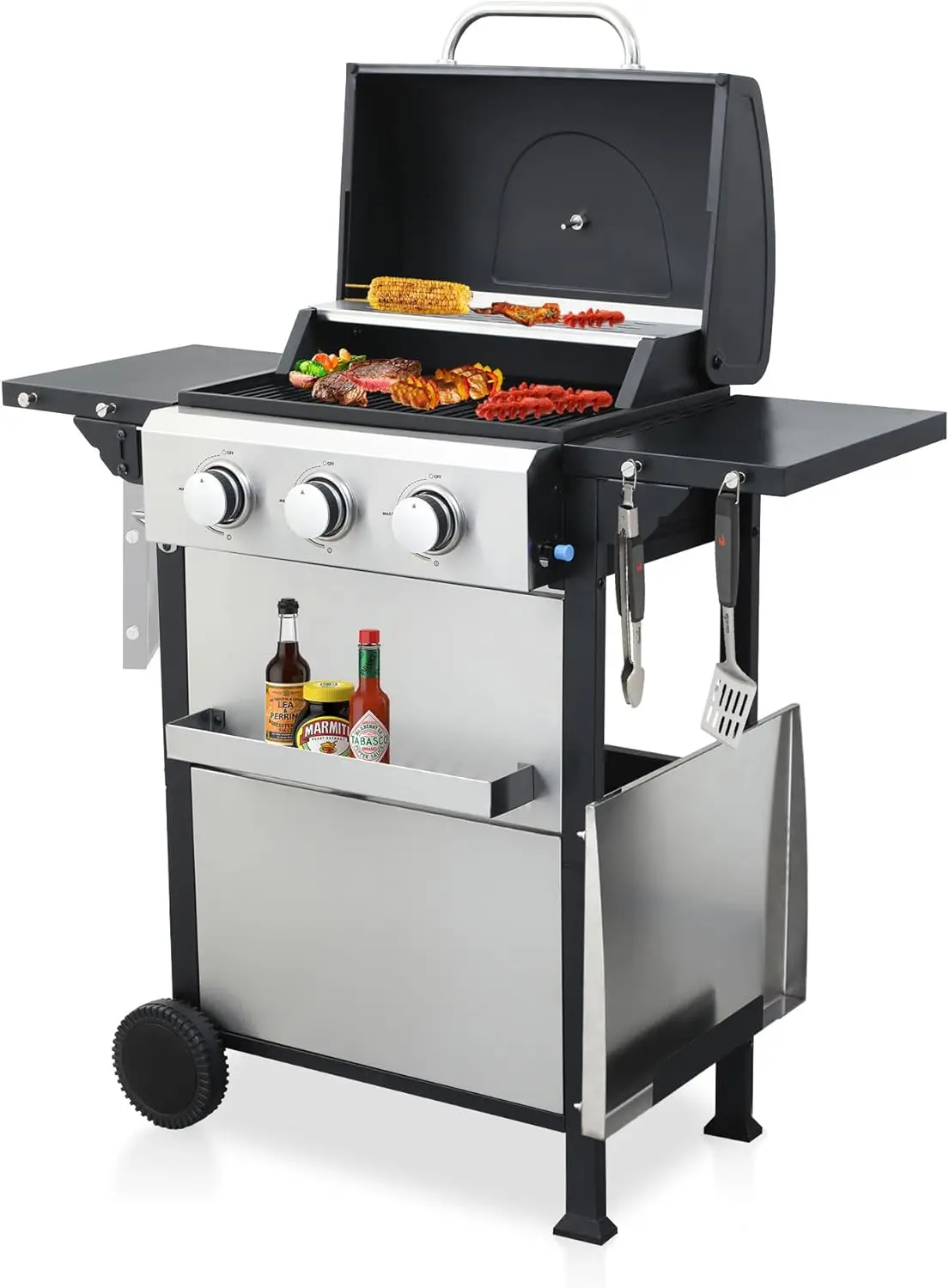 3 Burner Griddle & Grill Combo With Enameled Cast Iron Grate, Propane Bbq Grill With Foldable Side Table And Hanging Basket For