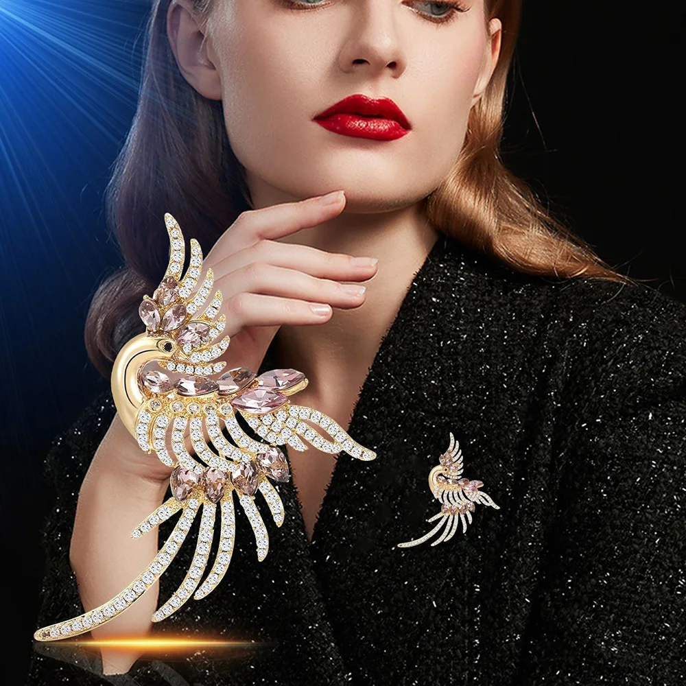 

Brooches Luxury for Women Crystal Phoenix Brooch Elegant Women's Coat Accessories Lapel Pins High Quality Copper Jewelry Gifts