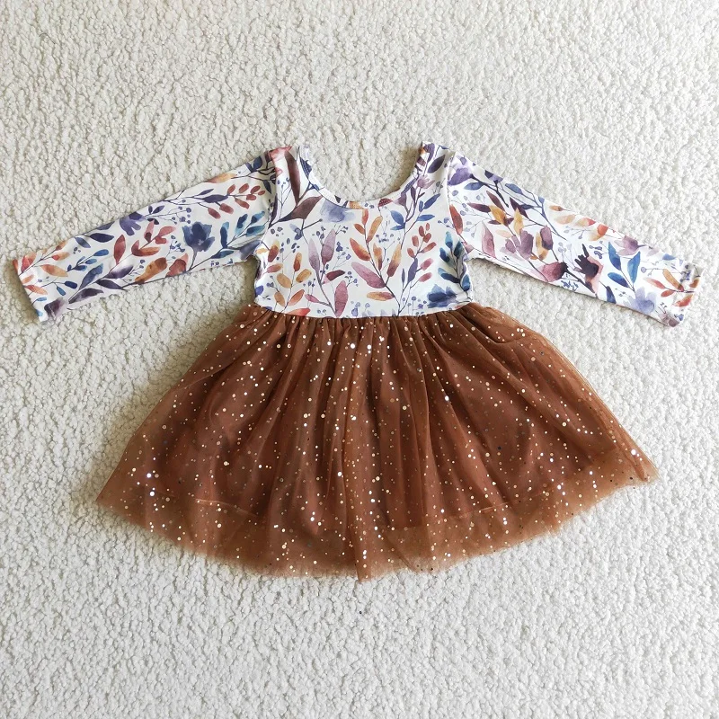 

Baby Girl Fall Leaves Long Sleeve Sparkle Tulle Twirl Dress Kid Clothing Infant Toddler Brown Autumn Princess Children Clothes