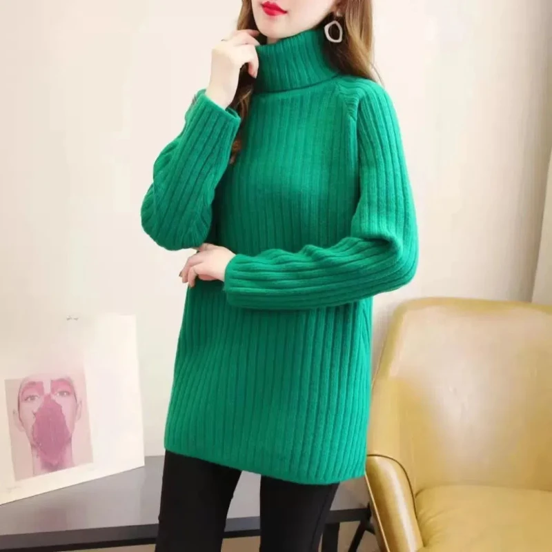 Women's Clothing Autumn Winter Turtleneck Solid Color Sweater Knitted Pullover Long Sleeve Fashionable Casual Screw Thread Tops