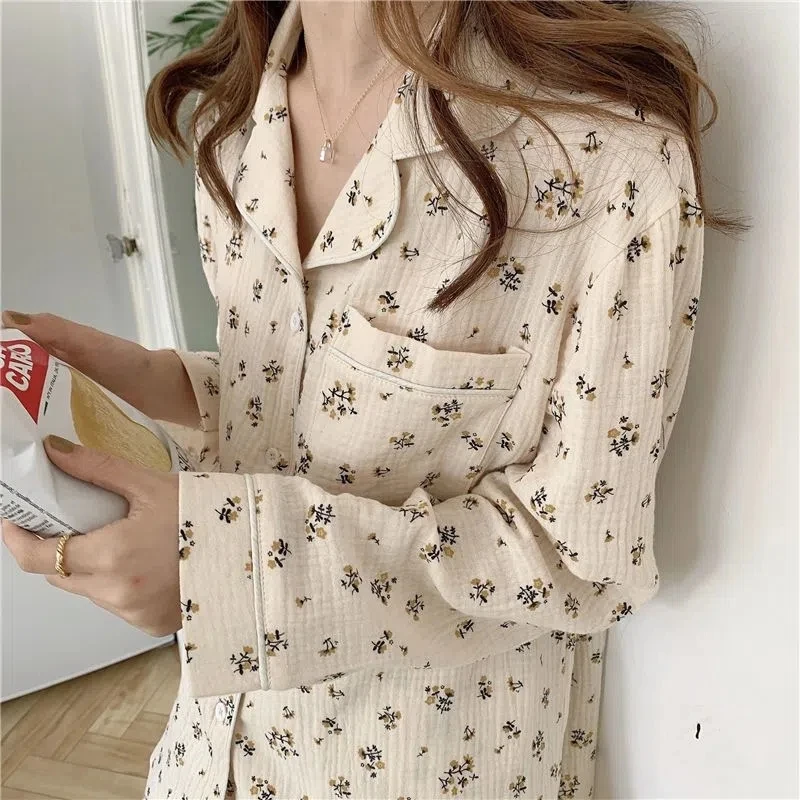 

New Spring Autumn Crepe Cotton Two Piece Set Sleepwear Women Pajamas Set High Quality Pants Home Set Floral Print Vintage