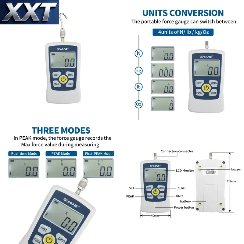 XXT SHAHE High Precision Digital Push Pull Force Gauge Portable Dynamometer Gauge Digital Force Gauge