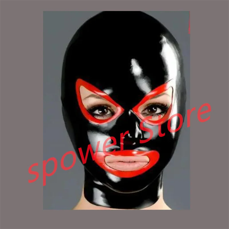

Natural Latex Full Head Latex Hoods Rubber Mask Fetish Cosplay Costumes Blakc with Red Trim Back Zip Club Wear