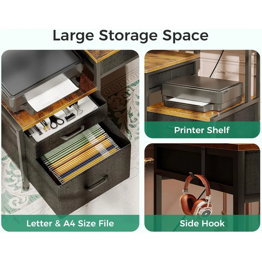 Computer Desk with 4 Drawers, 48 Inch Office Desk with Power Outlet, Home Office Desk with Printer Space & File Drawers Cab