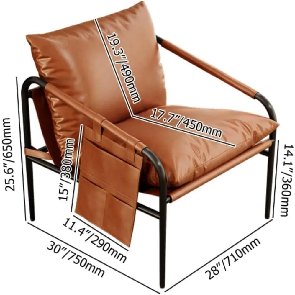 كرسي جلدي لغرفة المعيشة بإطار معدني وأذرع مبطنة وجيوب جانبية وحشو قطن حبيبي - Op باللونين الأسود والبني #2