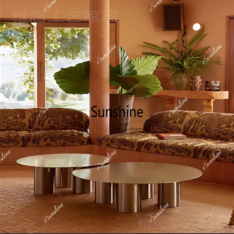 

Italian coffee table light luxury stainless steel round combination modern simple medieval design